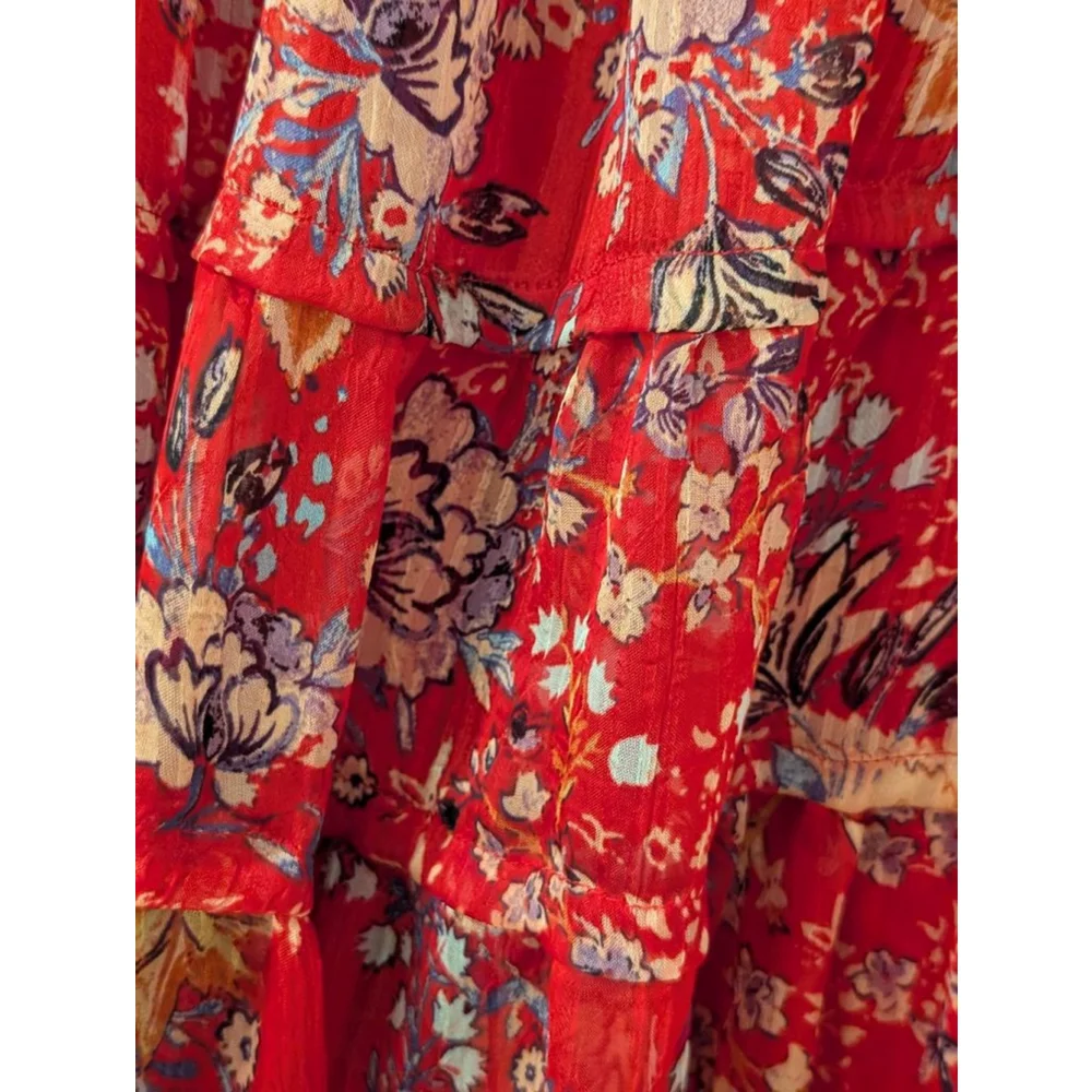 Women's Free People M Red Floral Long Sleeve Ruffle Mini Dress - Picture 7 of 12